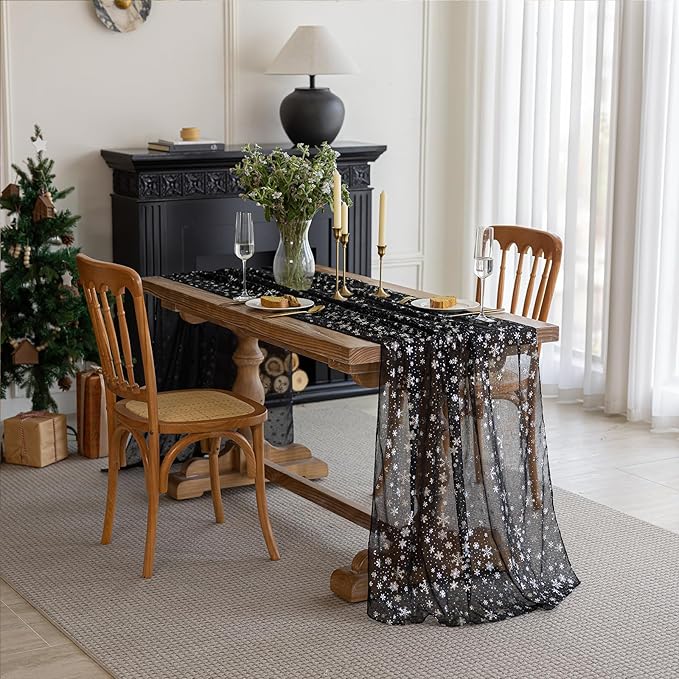 Silvery Snowflake Metallic Print Tulle Christmas Table Runner, Seasonal Winter - Image 8