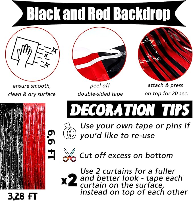 4 Pack 3.2Ft x 6.6Ft Black Red Fringe Curtain Backdrop, Metallic Tinsel Foil - Image 2