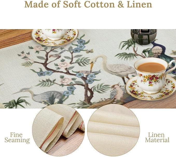 Peacock Table Runner, Retro Chinese Peonies Flowers Peacock Table Runner - Image 5