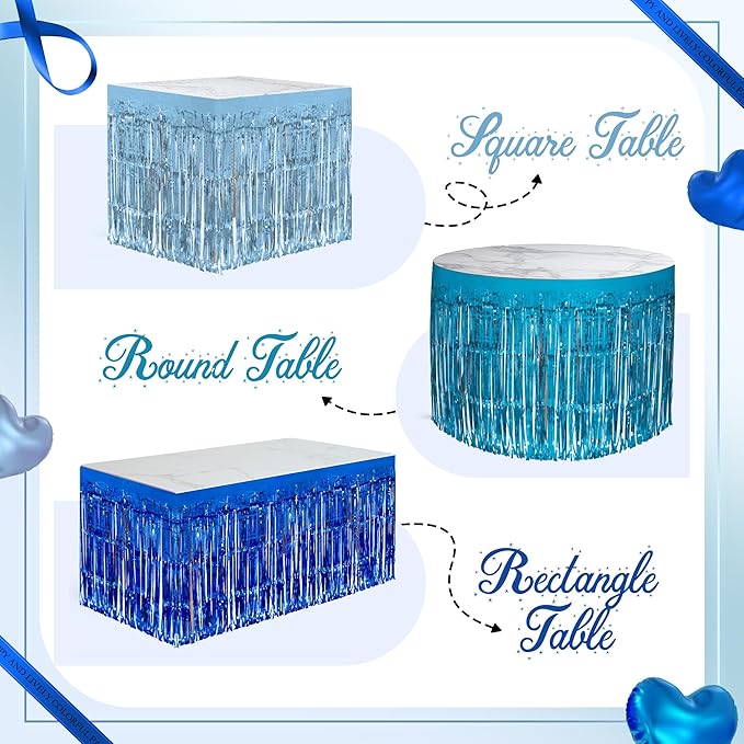 3 Pack Blue Series Table Skirts, 29x108" Metallic Foil Tinsel Fringe Table Skirt - Image 4