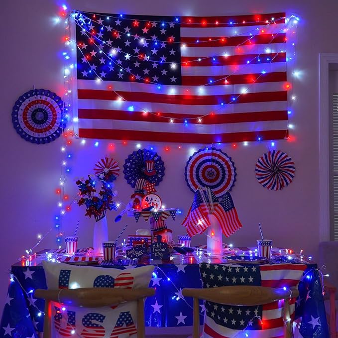 YEGUO 165ft 500 LED Red White and Blue Lights, 4th of July Decorations String - Image 8