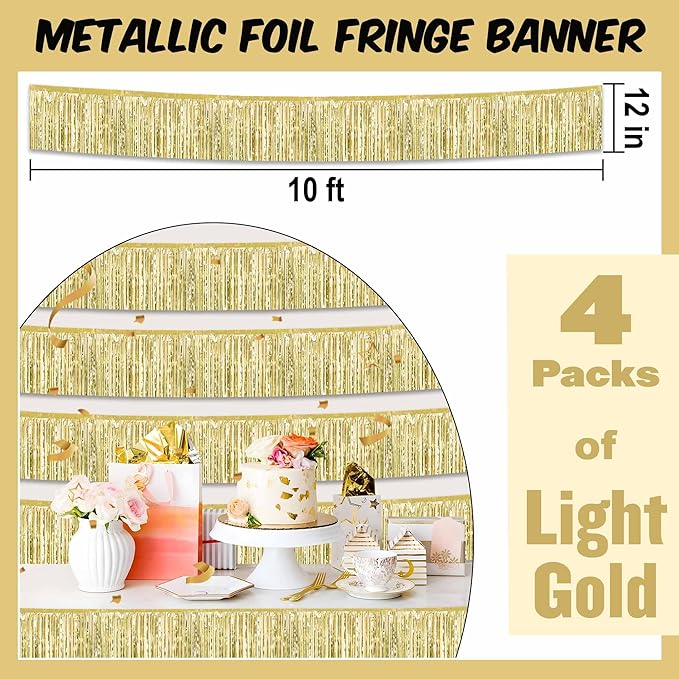4 Pack 10 Ft Light Gold Foil Fringe Garland Metallic Streamers Tinsel Banner - Image 2