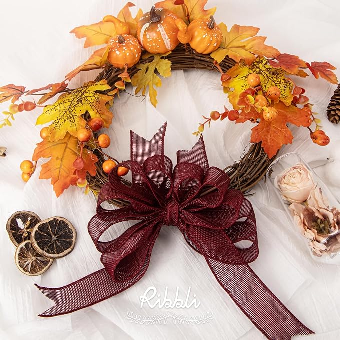 Ribbli Burgundy Burlap Wired Ribbon, 1-1/2 Inch x 10 Yard, Wired Edge Ribbon - Image 3