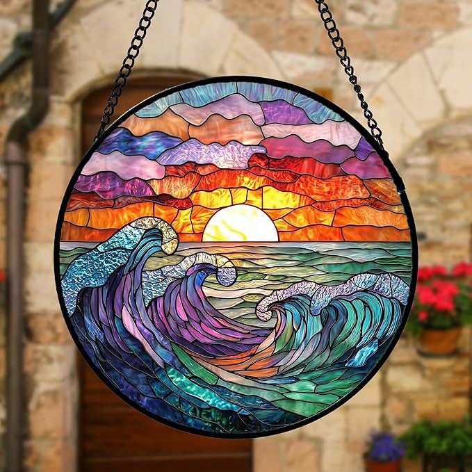 Stained Glass Window Hanging, Clouds and Sea Waves Suncatcher Diamond Glass - Image 5