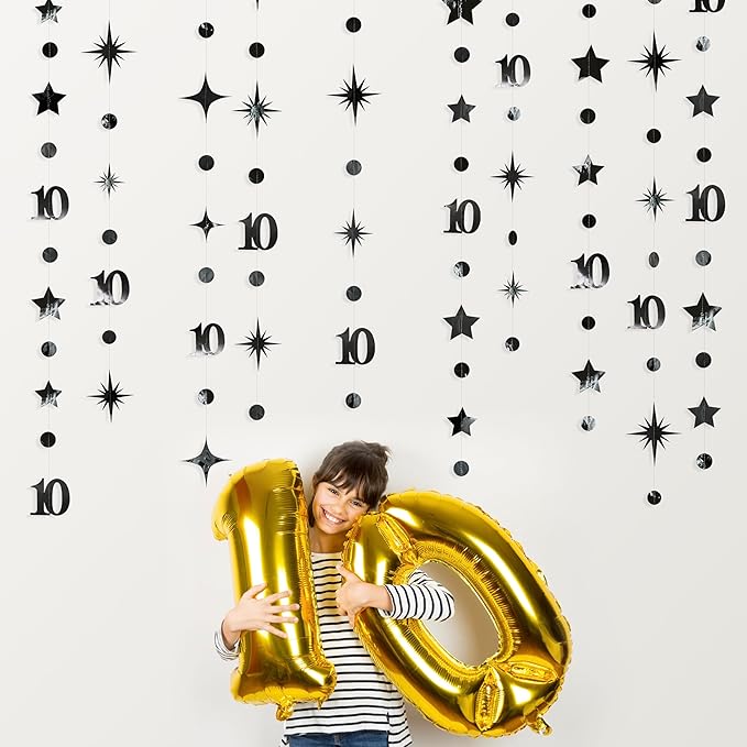 Black 10th Birthday Decorations Number 10 Circle Dot Twinkle Star Garland - Image 3