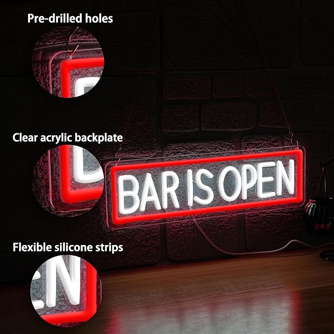 Bar Is Open Neon Sign for Wall Decor, USB Powered Led Bar Neon Sign Open Light - Image 2