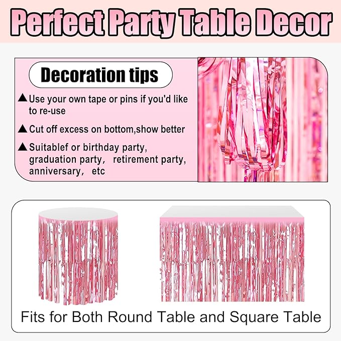 3 Pack 29x108 Inch Pink Foil Fringe Table Skirts Metallic Banner - Image 3