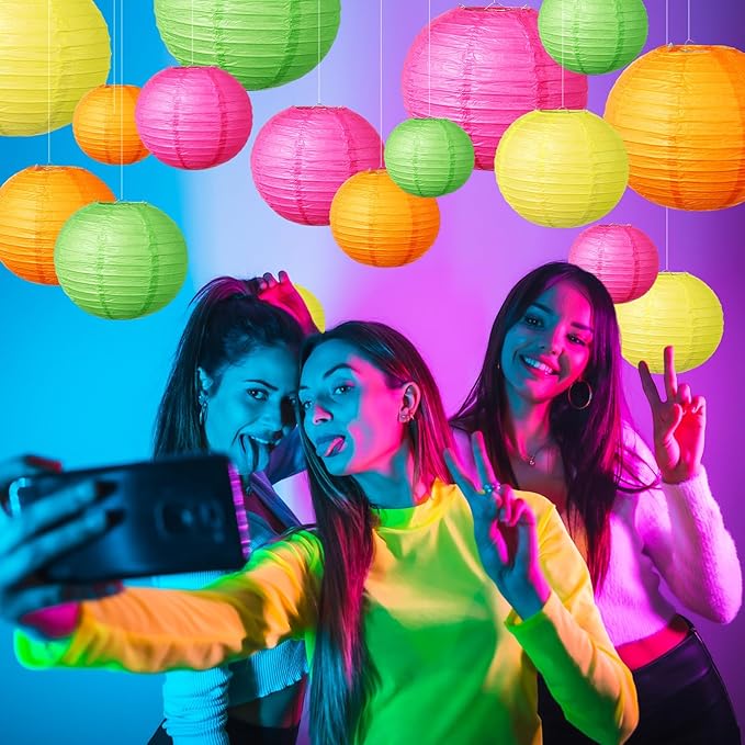 Riakrum 16 Pcs Neon Themed Paper Lanterns Birthday Party Decorations Mixed Size - Image 6
