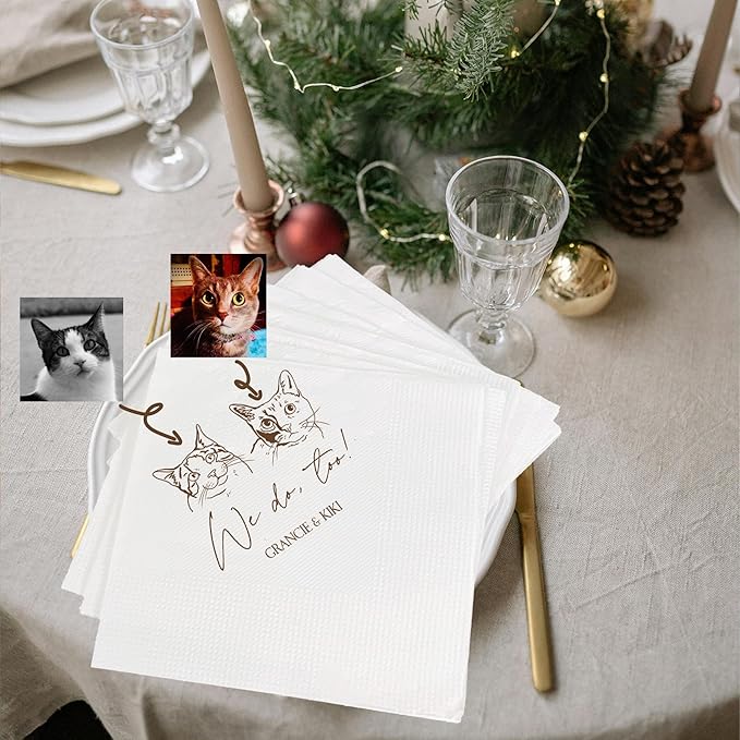Luxury Personalized Illustrated Cat Wedding Napkins, Personalized Photo Napkins by Evamall