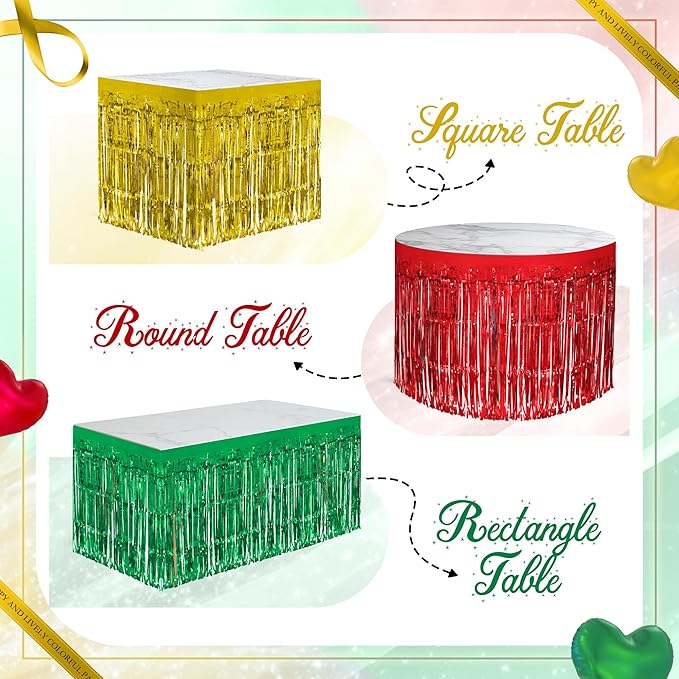 3 Pack Red Green Gold Table Skirts, 29x108" Metallic Foil Tinsel Fringe Table - Image 4