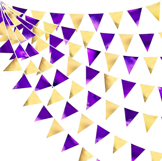 Purple and Gold Party Decorations Metallic Fabric Triangle Pennant Banner Flag by pinkblume