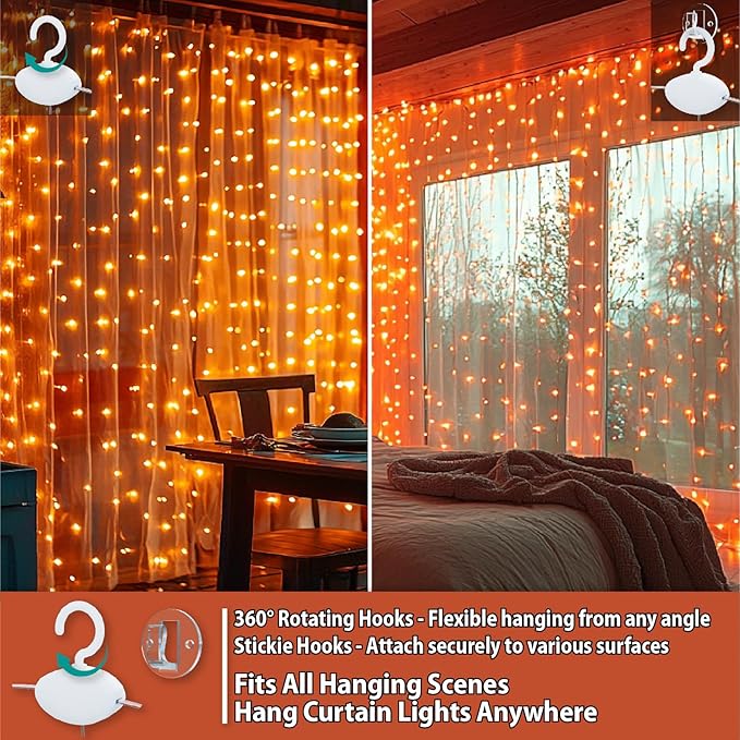 HXWEIYE 300LED Fairy Curtain Lights, 9.8x9.8Ft USB Plug-in 8 Modes Christmas - Image 3