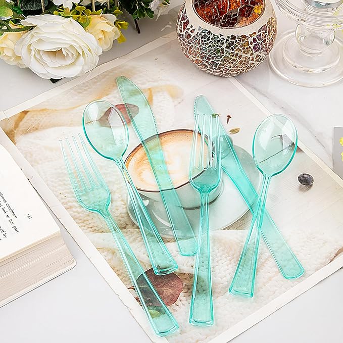 WDF 180 Pieces Green Plastic Silverware Disposable - Image 7