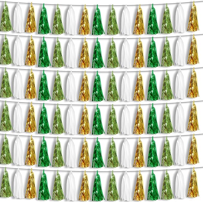 6P Sage-Green Beige-Mint Gold Foil Fringe Metallic Tassel Garland Banner by HYSILLA