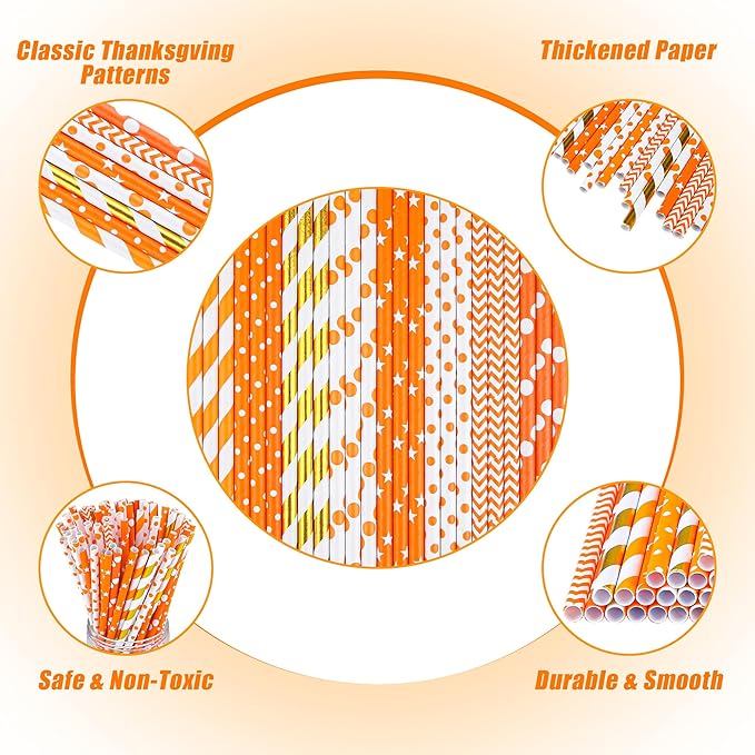 Cooraby 200 Pieces Thanksgiving Paper Straws Orange and Gold Assorted Paper - Image 3