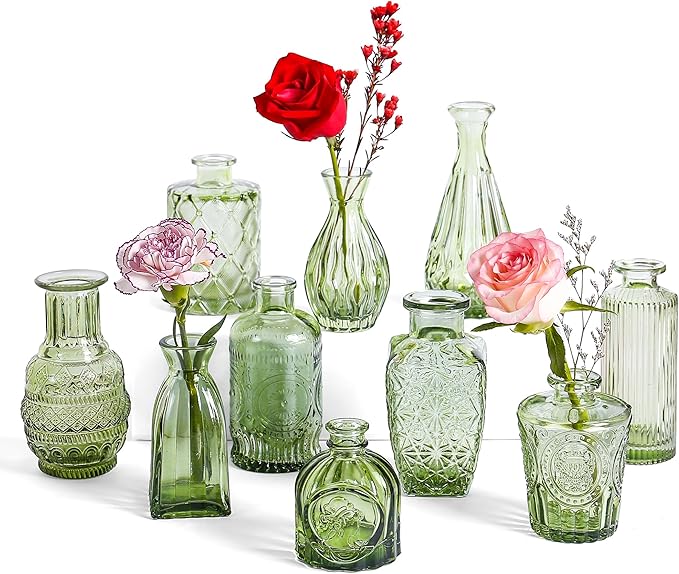 Vintage Small Glass Vases Set of 10, Mini Bud Vases by PURVONNIE