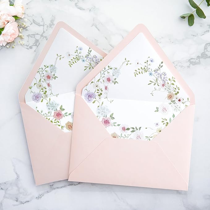 PONATIA 50PCS A7 Euro Flap Envelopes, 5.25 x 7.25'' Blush Pink Flowers Liner - Image 6