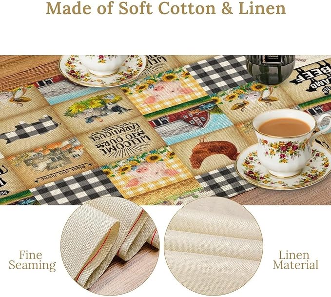 Farmhouse Animals Table Runner, Rustic Cabin Pig Chicken Cow Sunflowers - Image 3