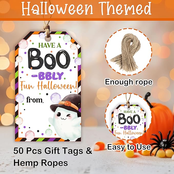 50 Pcs Halloween Tags with String, 2.1"×3.5" Ghost Paper Gifts Tags, Boo Trick - Image 2