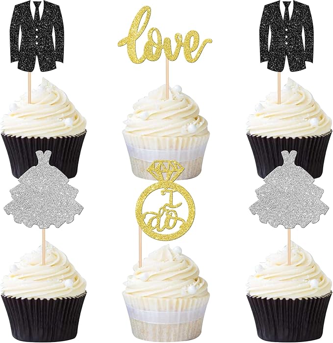 24 PCS Wedding Cupcake Toppers Glitter Bride and Groom Cupcake Picks Love I Do by ZHUOWEISM