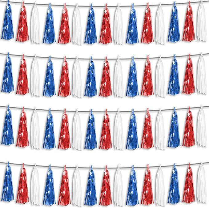 4P Red Blue White Foil Fringe Metallic Tassel Streamers Banner Tassel Garland by HYSILLA