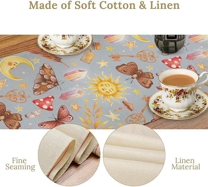 Boho Sun Moon Table Runner Mystical Rustic Butterfly Mushroom Star Table Runner - Image 5