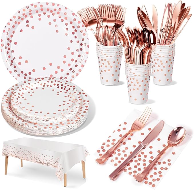 141 Pieces Rose Gold Party Supplies, Party Dinnerware Sets Include Paper Plates by Nkaiso