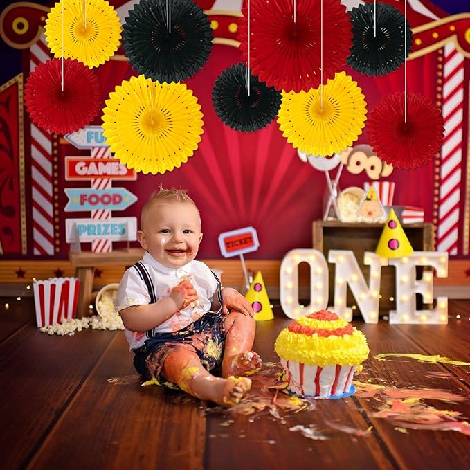 18 Pcs Black Red Yellow Hanging Honeycomb Paper Fans, Round Paper Fan - Image 4