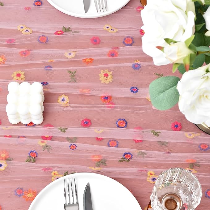 Joanlody Blushing Pink Embroidery Daisy Fall Thanksgiving Table Runner Florals - Image 6