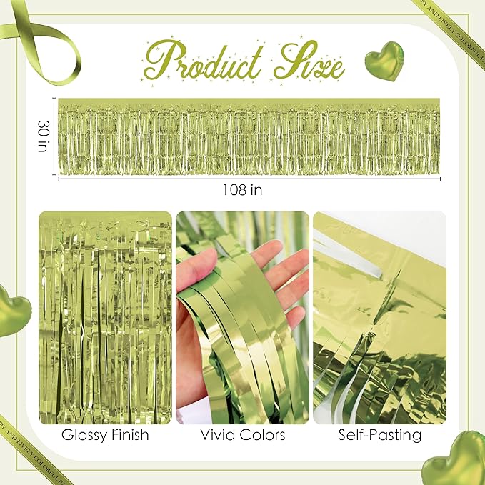 2 Pack Lime Green Table Skirts, 29x108" Metallic Foil Tinsel Fringe Table Skirt - Image 3