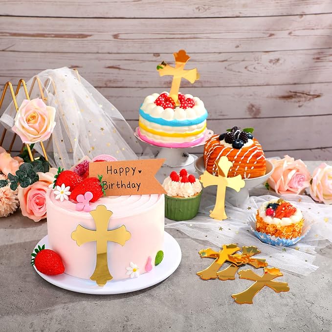 Blulu 16 Pieces Baptism Cake Toppers Crossing Cupcake Toppers Gold Mirror - Image 4