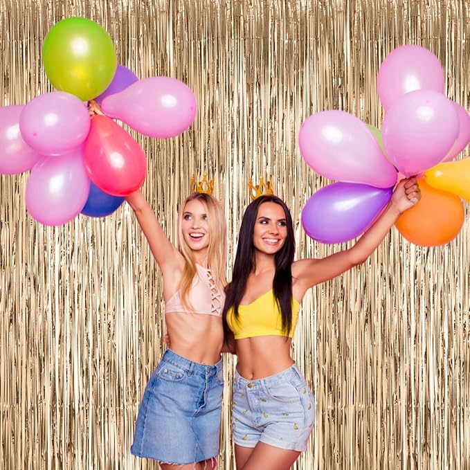 2 Pack Champagne Foil Fringe Backdrop Curtains, Tinsel Streamers Birthday Party - Image 6