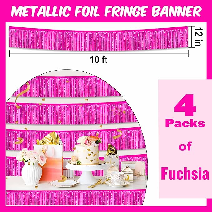 4 Pack 10 Ft Fuchsia Foil Fringe Garland Metallic Streamers Tinsel Banner Wall - Image 2
