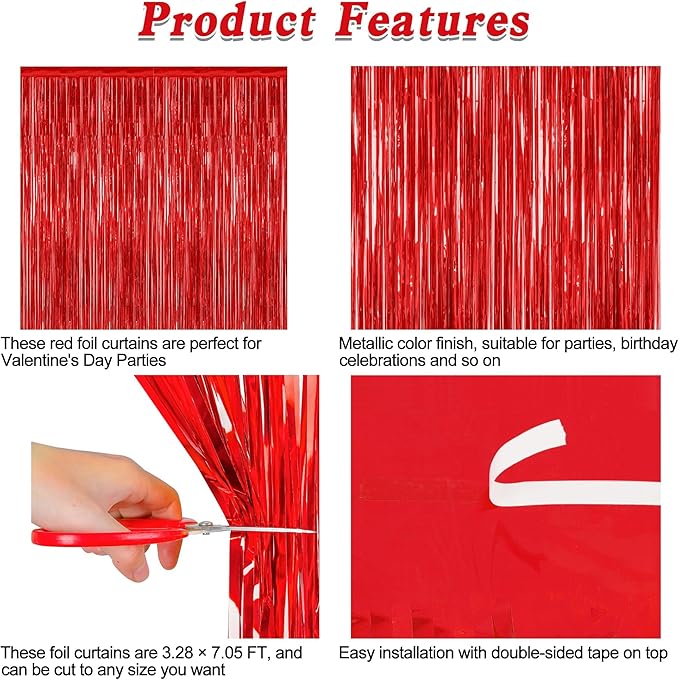 4 Pack Red Backdrop, 3.28 FT x 7.05 FT Party Streamer, Metallic Birthday Tinsel - Image 4