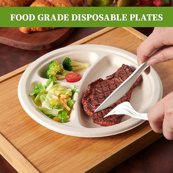 ECOLipak 125 Pack Compostable 3 Compartment Plates, 8.85 inch Heavy-Duty - Image 6