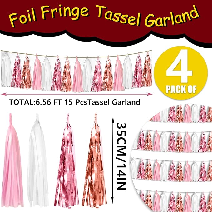 4P Rose-Gold Pink White Foil Fringe Tassel Banner Garland Metallic Tinsel - Image 2
