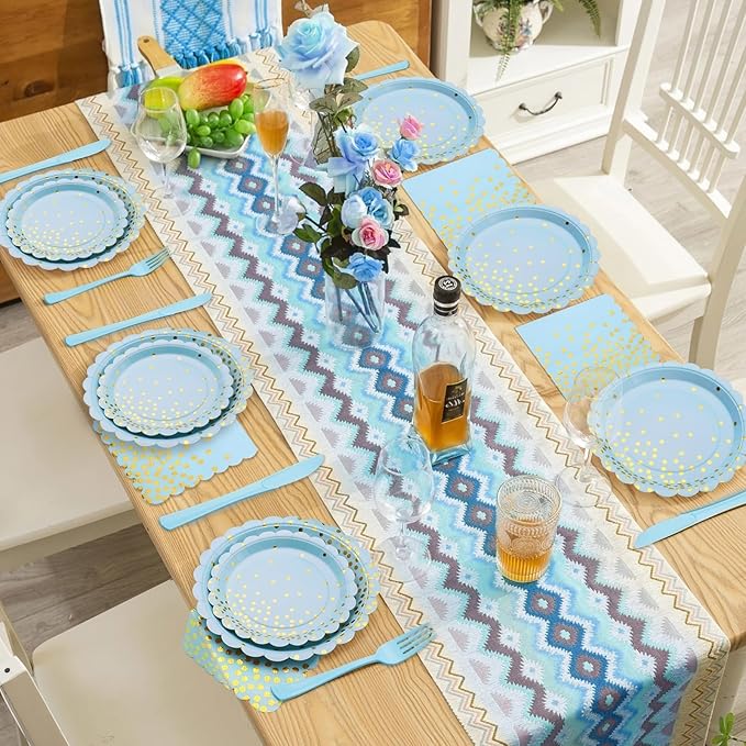 Blue and Gold Party Decorations 175PCS Light Blue Paper Plates and Napkins and - Image 6
