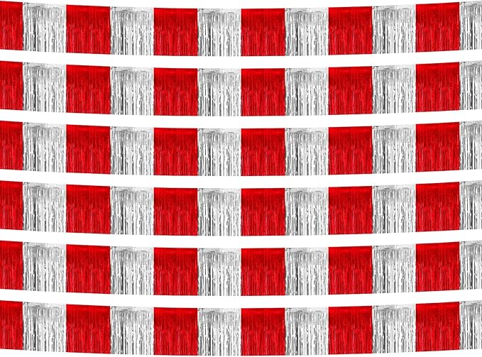 6 Pack 10 Feet Red Silver Foil Fringe Garland Metallic Tinsel Streamers Banner by Clayghsen