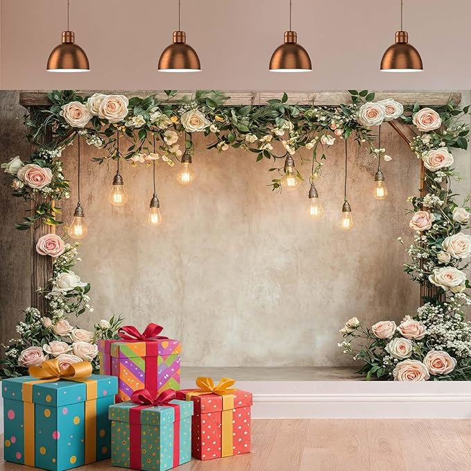 6x6ft Country Wedding Photography Backdrop Floral Rustic Roses Farmhouse Wooden - Image 3