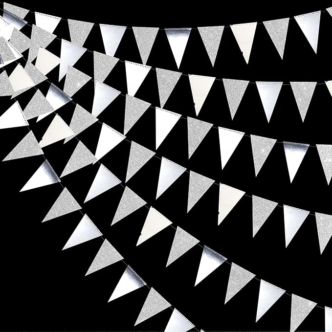 30 Ft Silver Party Decorations Glitter Metallic Paper Triangle Banner Flag by pinkblume