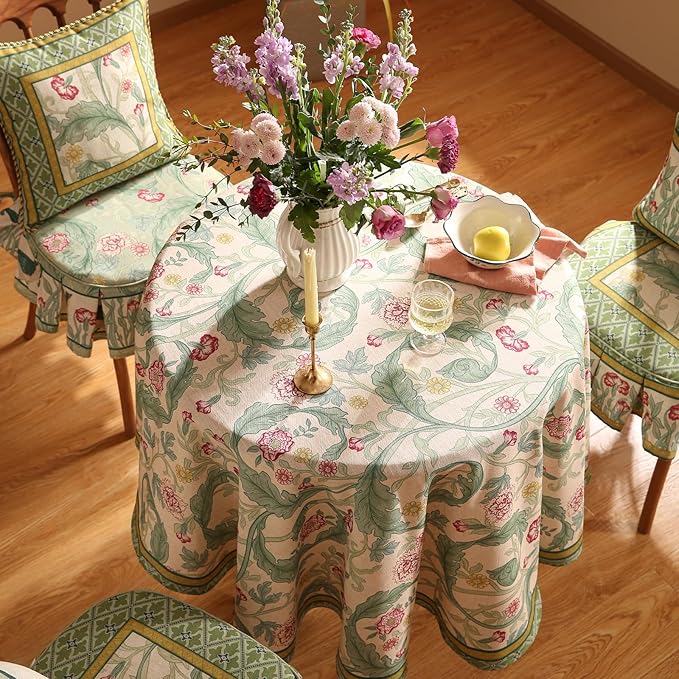 patdrea Designer Vintage Green Round Tablecloth, Linen Leaves Floral Pattern - Image 7