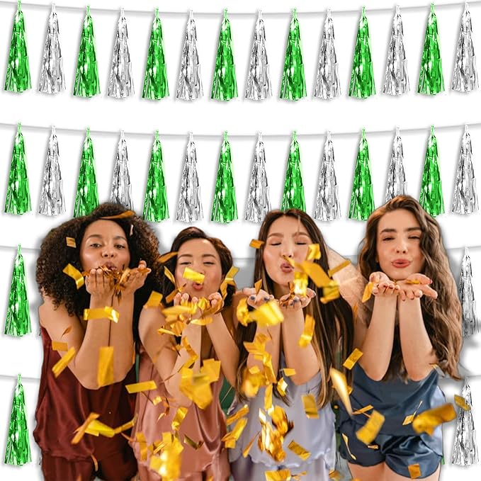 4P Green Silver Foil Fringe Tassel Banner Garland Metallic Tinsel Streamers - Image 6