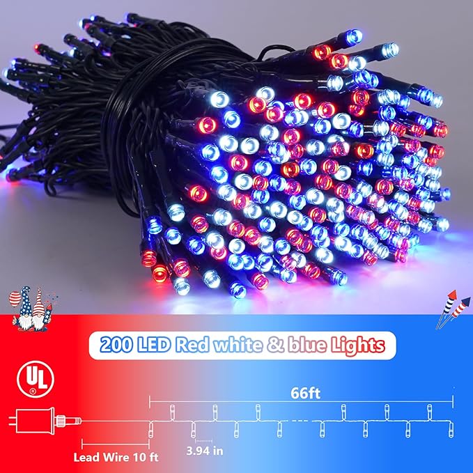 YEGUO 4th of July Decorations Red White and Blue Lights, 66ft 200 LED String - Image 2