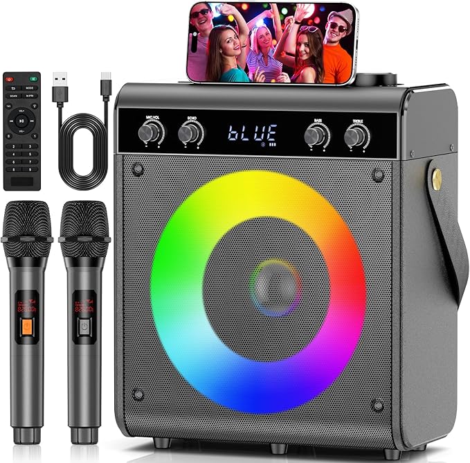 Karaoke Machine with 2 Wireless Microphones, Portable Bluetooth Speaker by Beyourownsuperstar