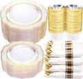 NOCCUR 50Guest Gold Rim Clear Plastic Plates&Disposable Silverware Cups-Include by NOCCUR
