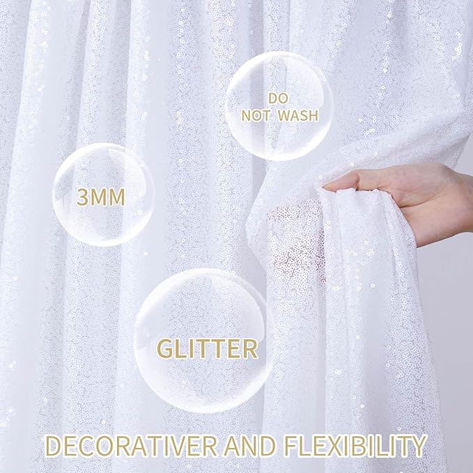 3x8FT White Backdrop Curtains 2 Panels Sequin Fabric Drapes Wedding White - Image 3