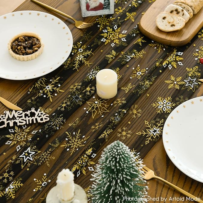 Artoid Mode Black Gold Snowflakes Christmas Gauze Table Runner 120 Inch 10FT - Image 4