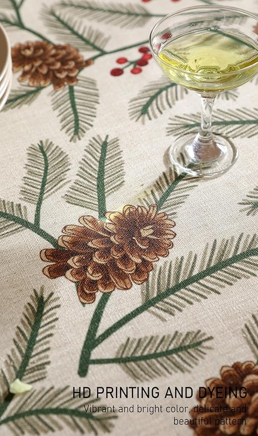 ISAENNE Designer Christmas Beige Linen Round Tablecloth, Pinecones Pattern - Image 3