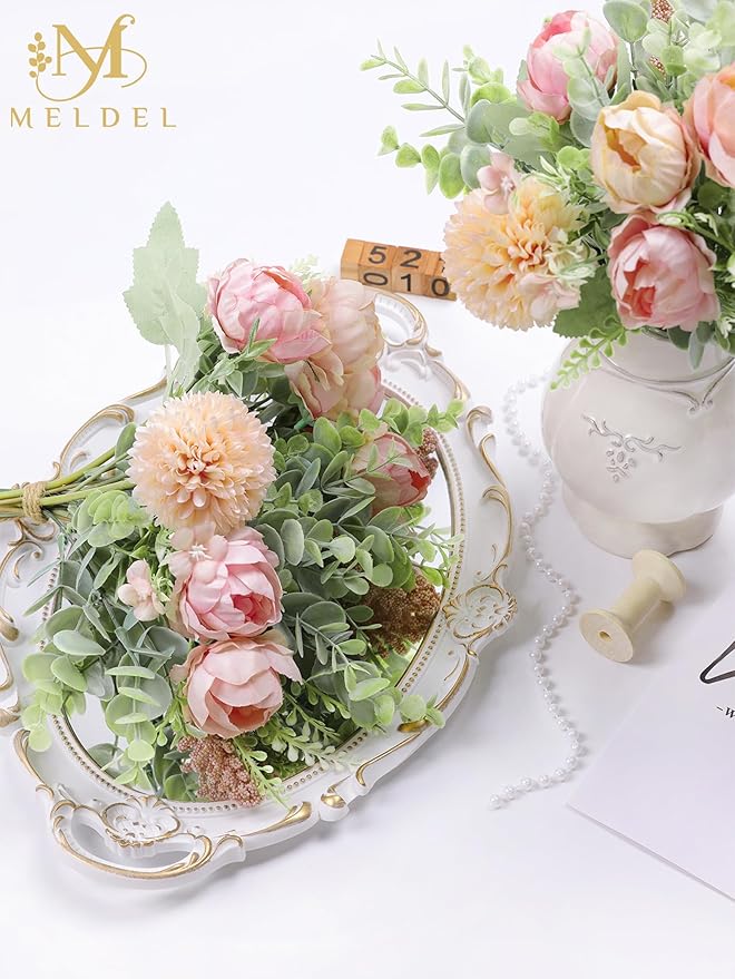Meldel 3Pcs Peony Bouquet Light Pink Champagne Rose Artificial Flowers - Image 6