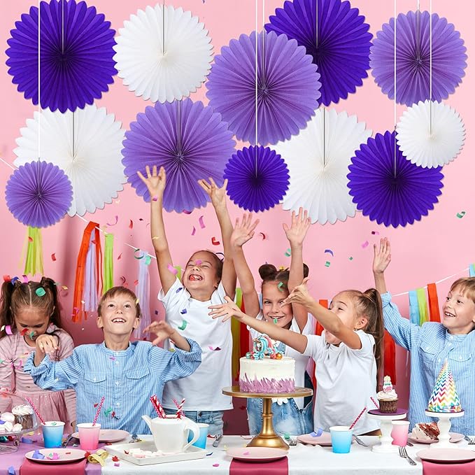 24 Pcs Purple and White Paper Fans Purple Party Decorations Classroom Decor - Image 4